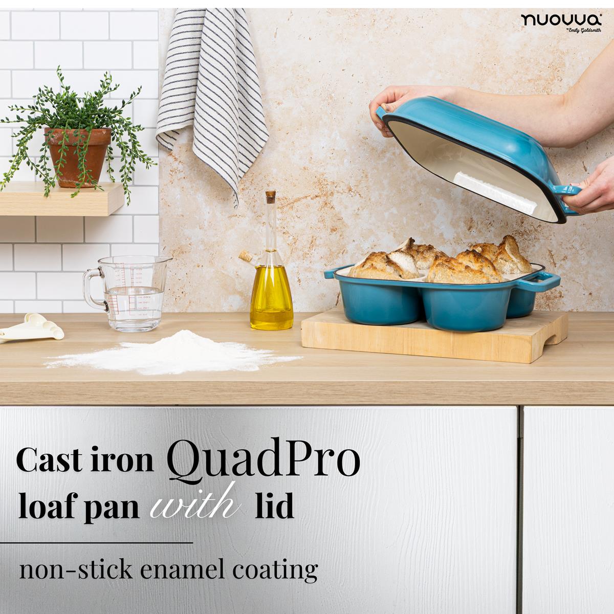 Blue cast iron QuadPro loaf pan with lid, cookware with non-stick enamel coating for healthy baking