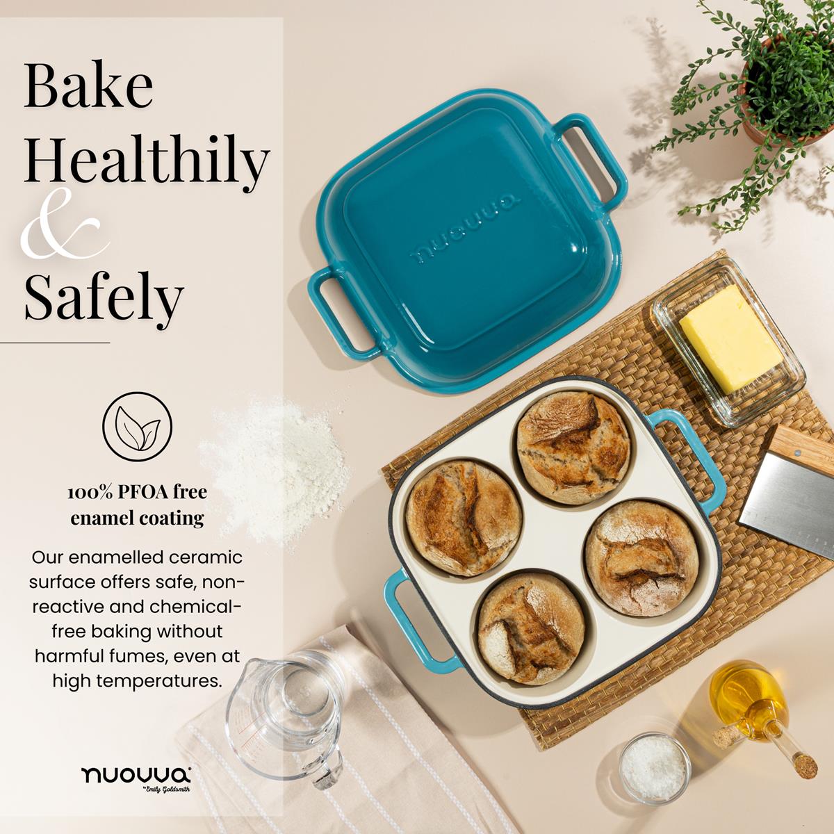 Bake healthily & safely with the cast-iron bread loaf pan, 100% PFOA free enamel coated Dutch oven