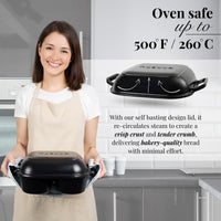 Oven safe cast iron Dutch oven with self basting lid for crisp crust and tender crumb bakery style quality bread at home