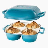 Blue cast iron bread loaf pan with 4 compartments for easy home baking