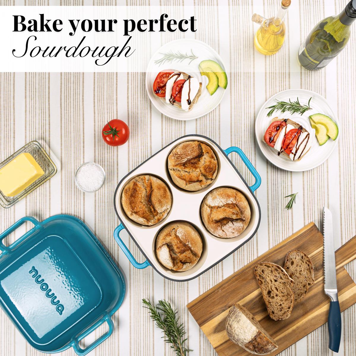 Bake your perfect sourdough with the nuovva blue cast iron bread loaf pan with 4 compartments