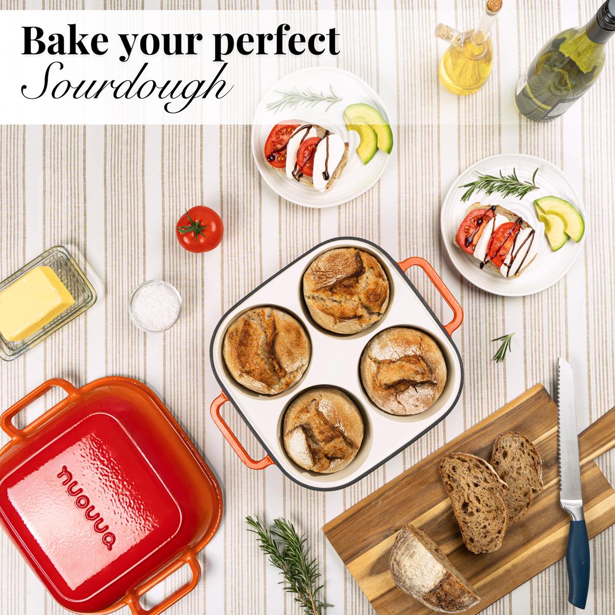 Bake your perfect sourdough with the nuovva cast iron Dutch oven bread baking pan with 4 compartments.