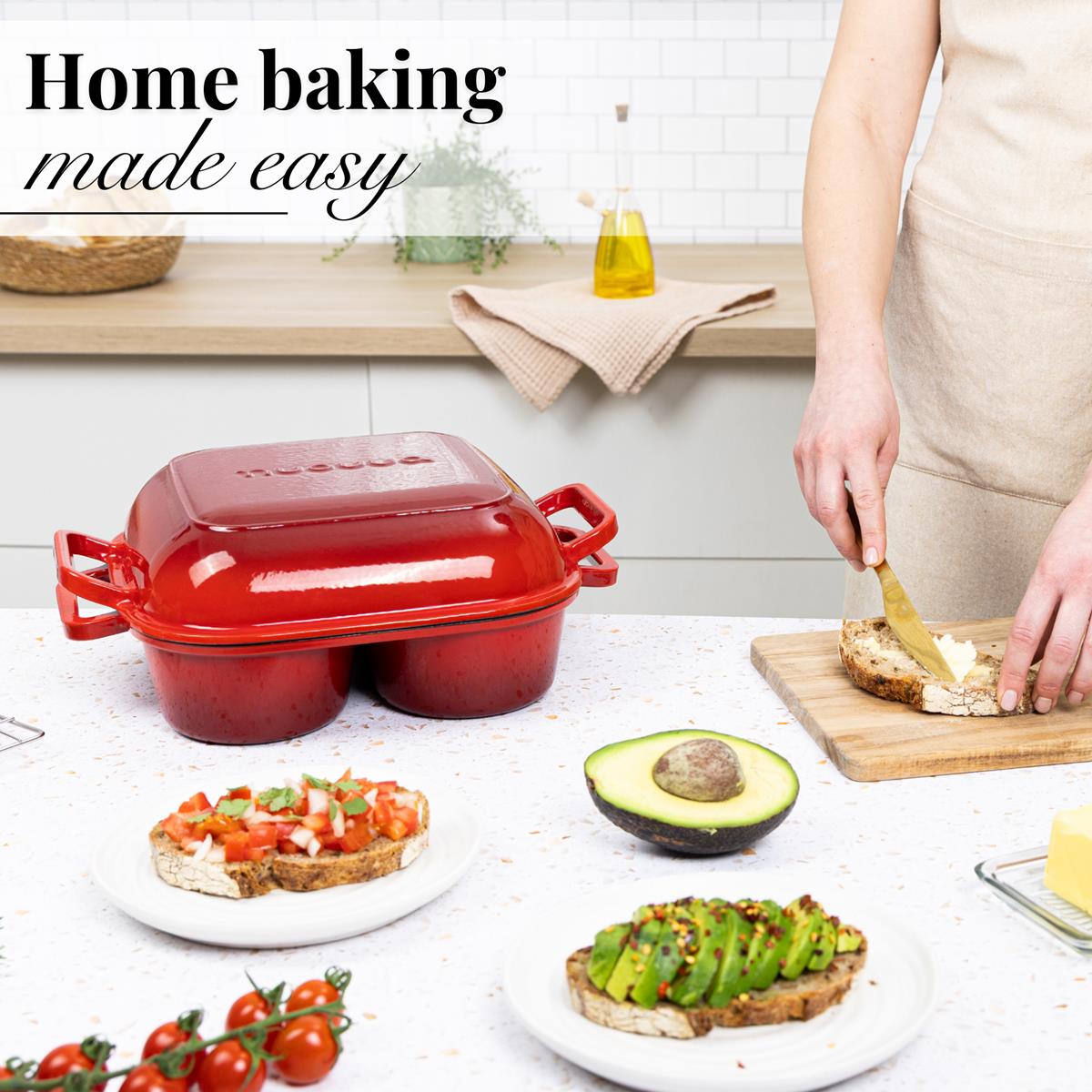 Home baking made easy with the Nuovva cast iron bread loaf pan with four compartments in red