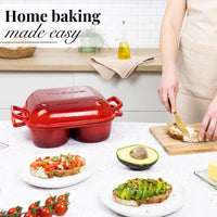 Home baking made easy with the Nuovva cast iron bread loaf pan with four compartments in red