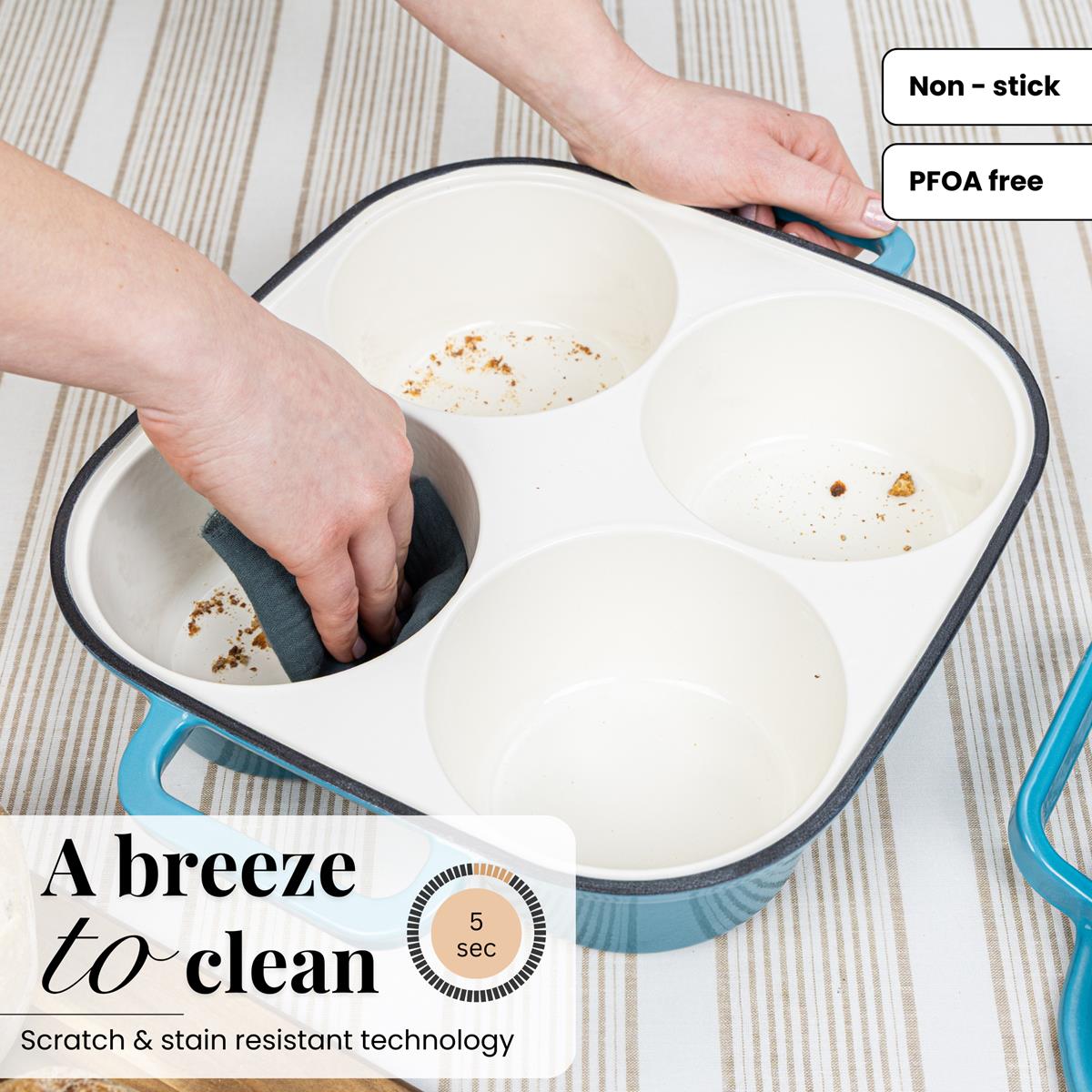 Easy to clean cast iron cookware with stain & scratch resistant technology