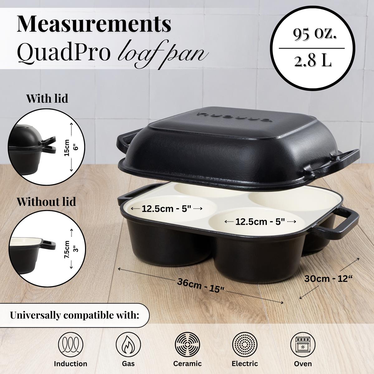 Black quadpro oven safe loaf pan Dutch oven with lid - 36cm across with 2.8L volume, universally compatible eon all stovetops.