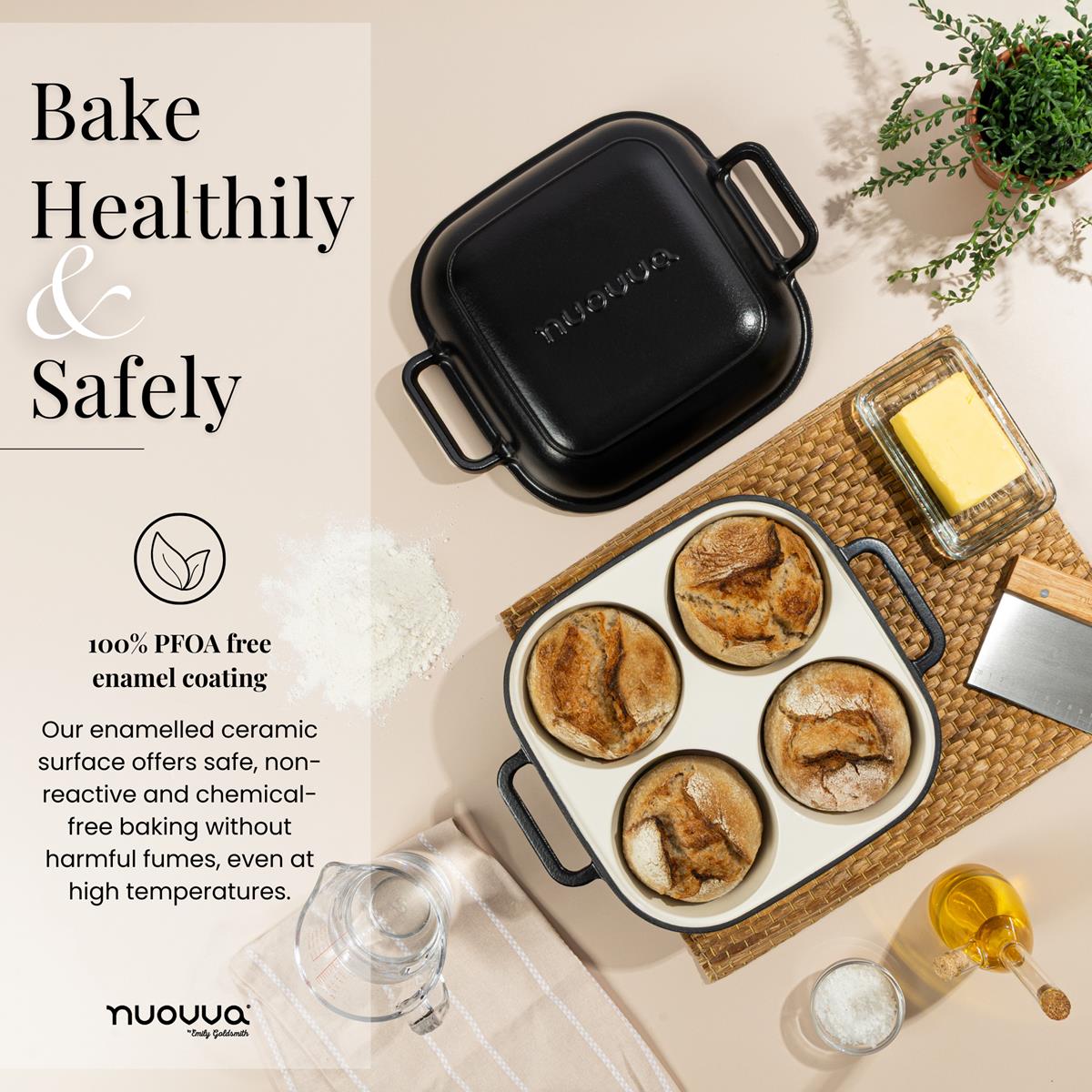 Bake healthily with the nuovva cast iron quad pro bread loaf pan with 100% PFOA free enamel coating