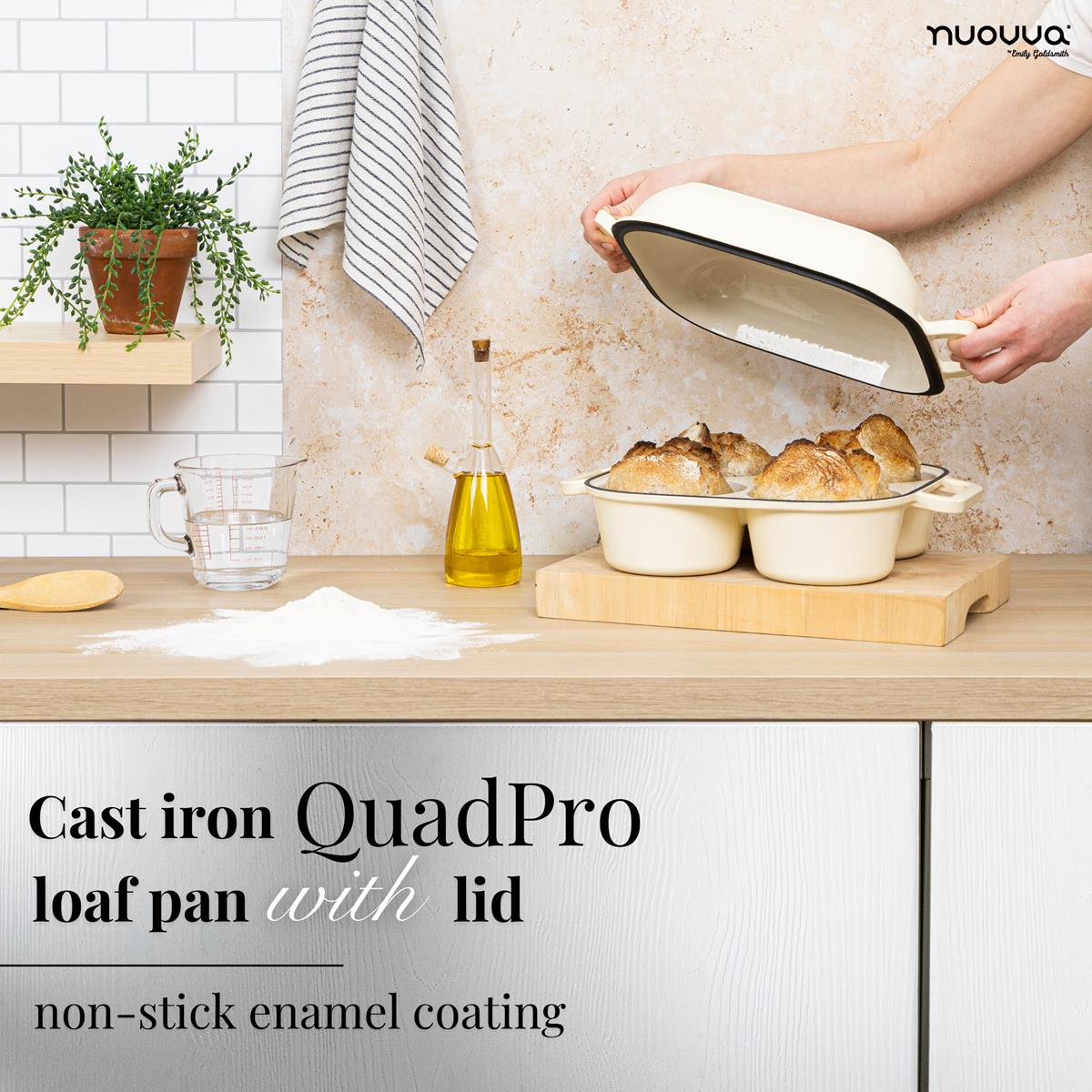 Cream cast iron quad pro loaf pan with lid and non-stick enamel coating for homemade bread at home