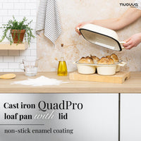 Cream cast iron quad pro loaf pan with lid and non-stick enamel coating for homemade bread at home