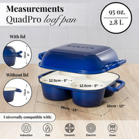 Measurement graphic for dark blue induction cast iron loaf pan with lid - 30cm across and 2.8L volume. Cookware compatible with all stovetops