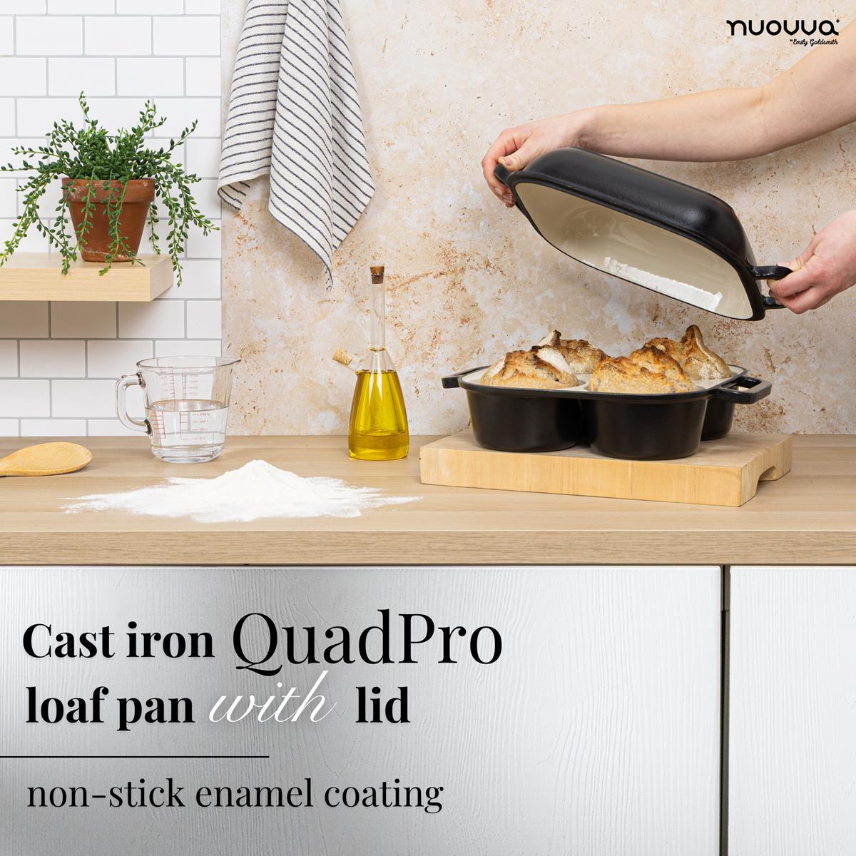 Black cast iron nQuadpro loaf pan with lid and non-stick enamel coating for home baked bread at home. 
