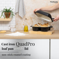 Black cast iron nQuadpro loaf pan with lid and non-stick enamel coating for home baked bread at home. 