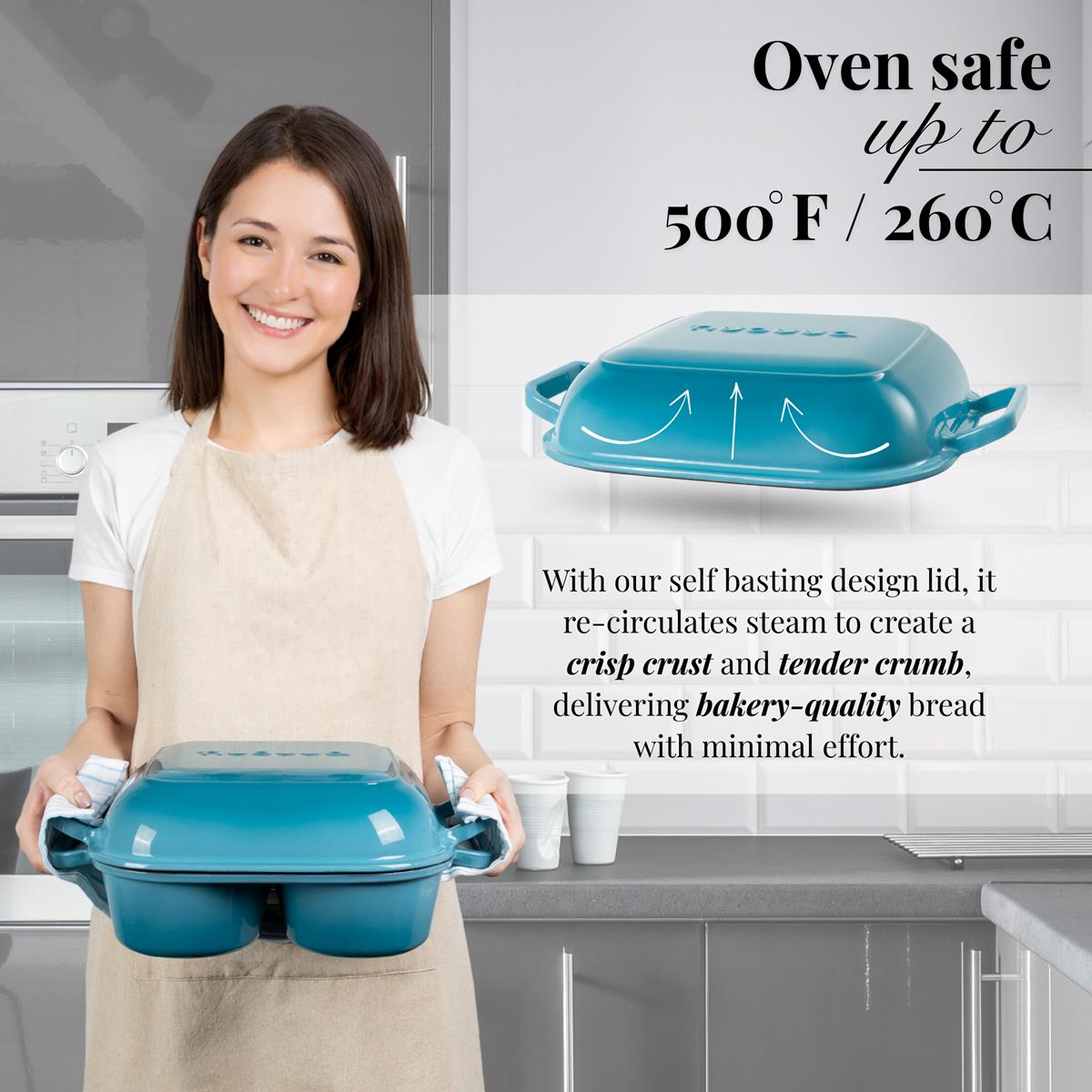 Oven safe cookware with self basting lid for bakery bread at home