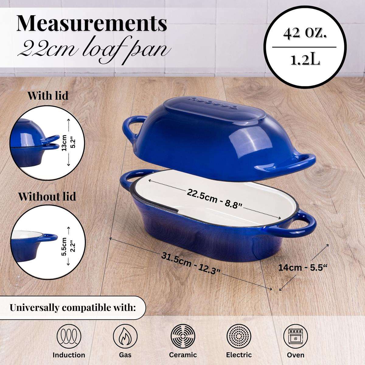 22cm loaf pan with lid, cast iron cookware induction compatible for all stovetops 