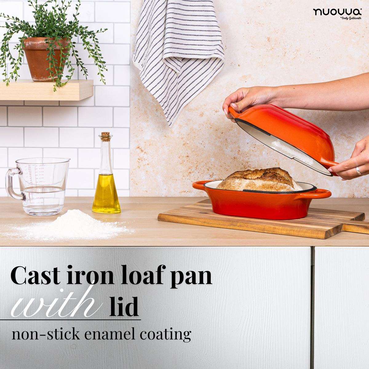 Non-stick enamel coating cast iron loaf pan with lid for home baked goods. 