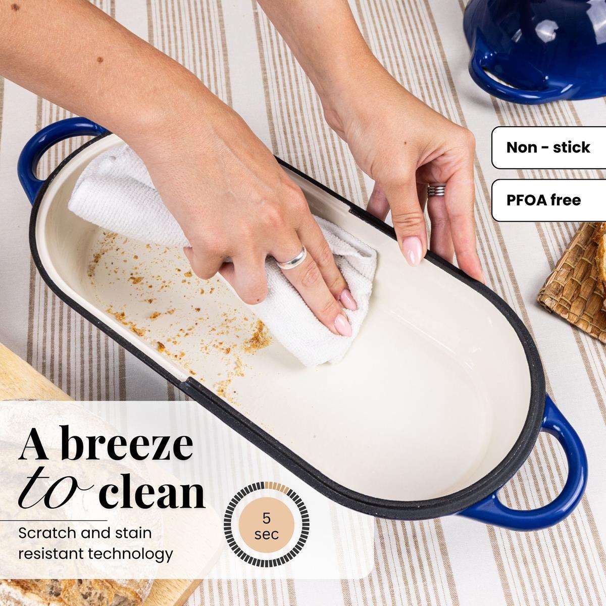 Easy to clean loaf pan with scratch and stain resistant technology. 