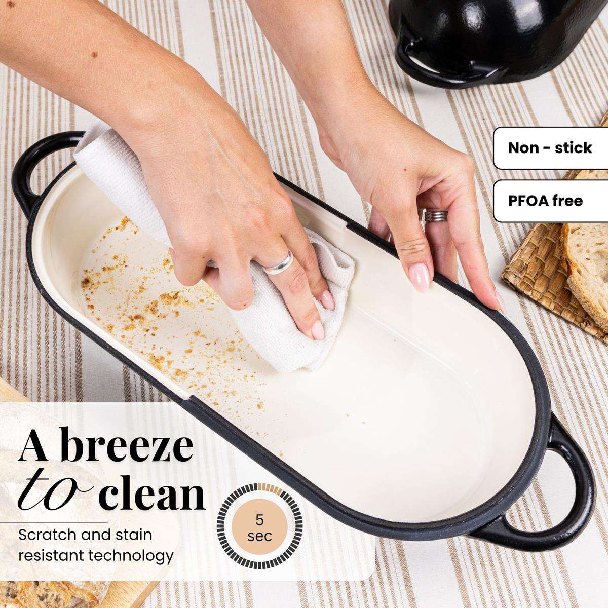 Easy to clean cast iron Dutch oven bread loaf pan with scratch and stain resistant technology. 