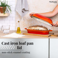 Orange cast iron loaf pan with lid, cookware with non-stick enamel coating for healthier cooking. 