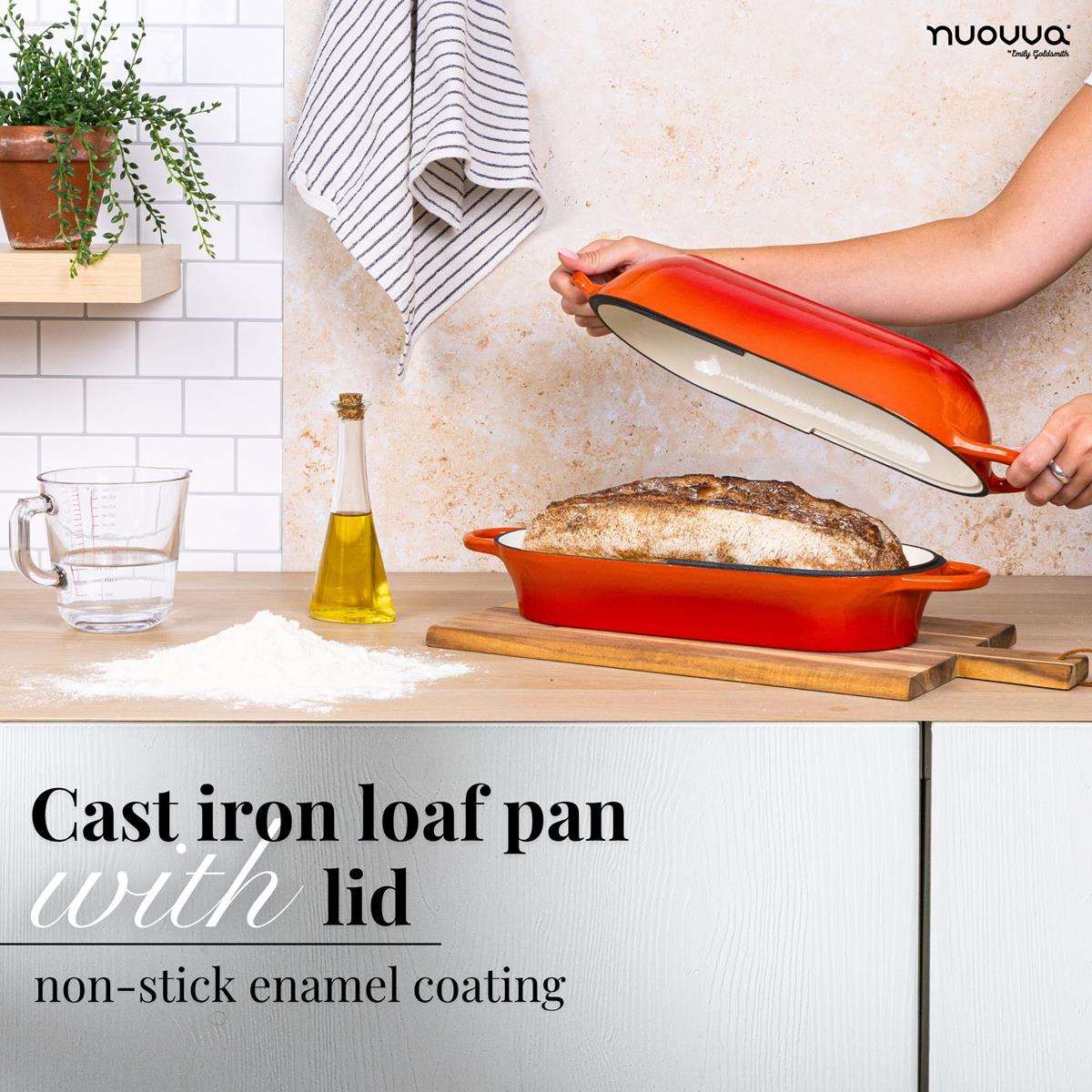 Orange cast iron loaf pan with lid, cookware with non-stick enamel coating for healthier cooking. 