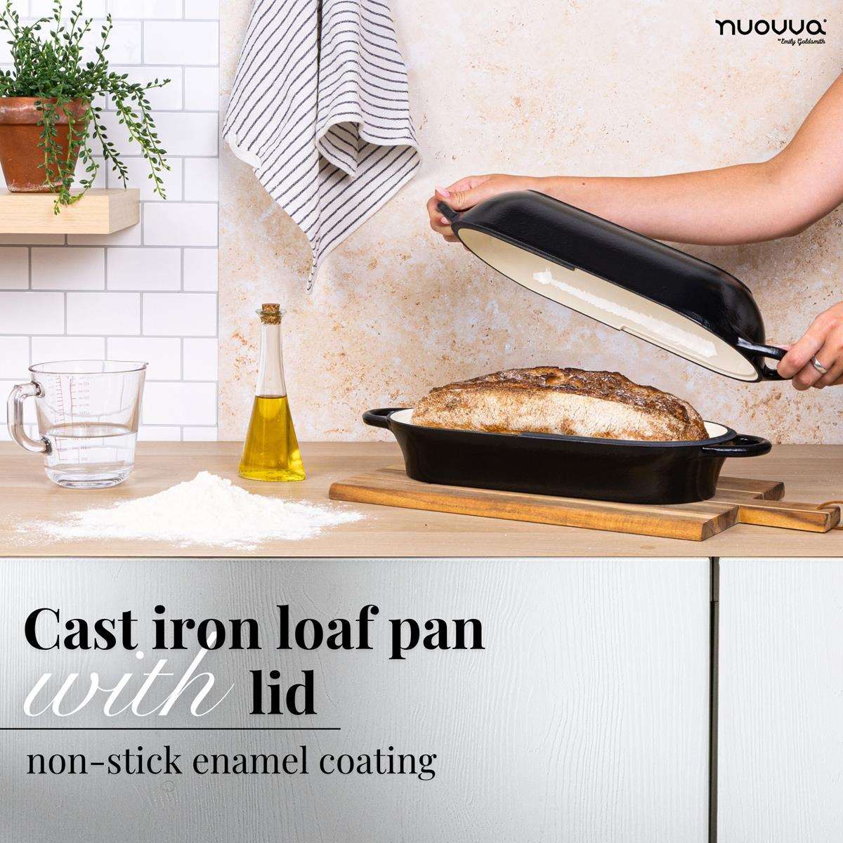 Black cast iron loaf pan with lid, non-stick enamel coating for healthier baking. 