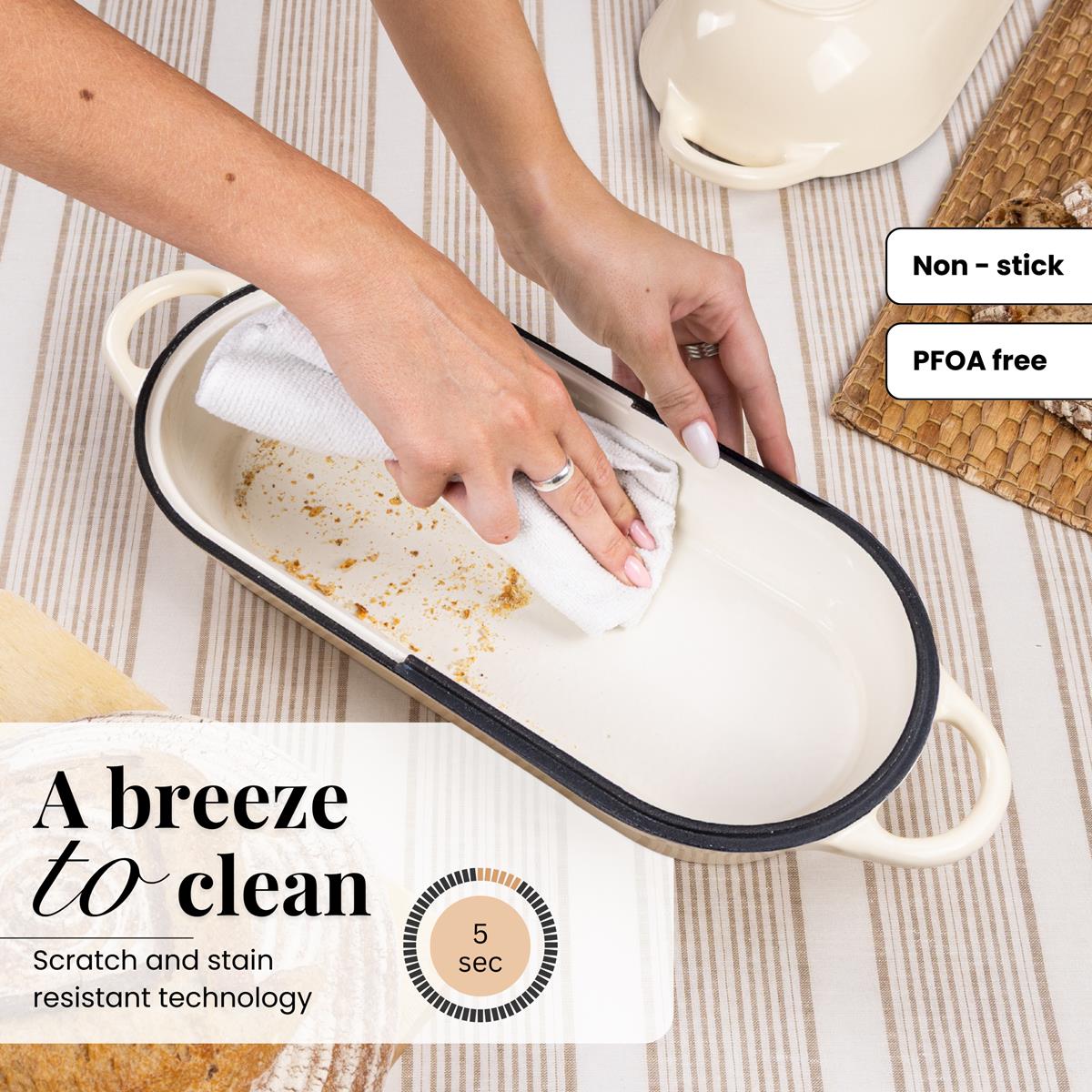 Nuovva non-stick cast iron bread loaf pan is a breeze to clean with scratch and stain resistant technology. 