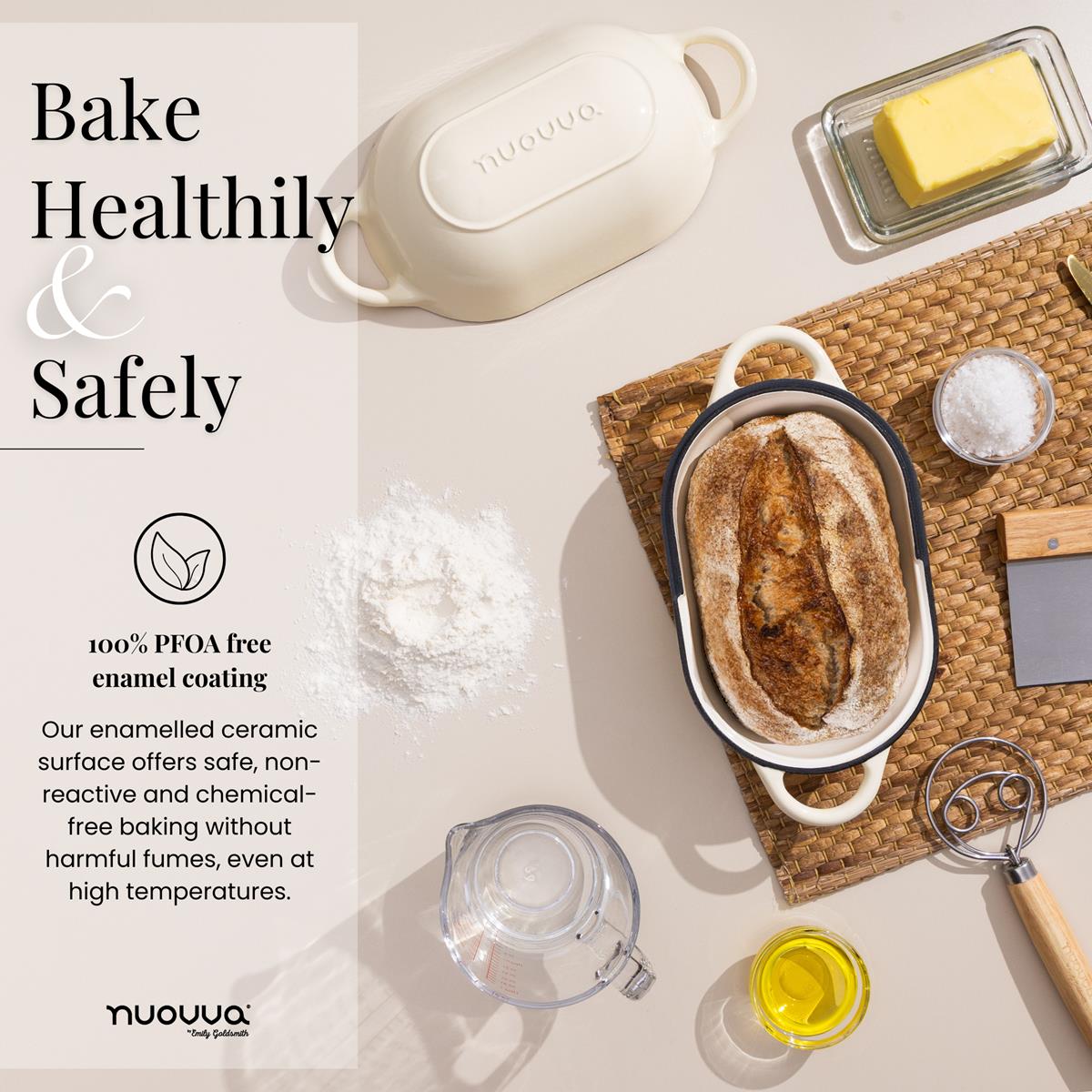 Bake safely with nuovva PFOA -free enamel coating cast iron bread loaf pan for healthy baking
