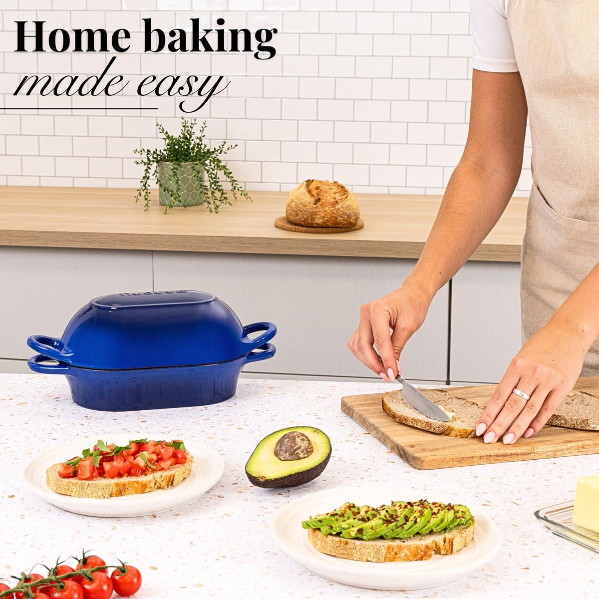 Home baking made easy with nuovva cast iron loaf pan with lid. 