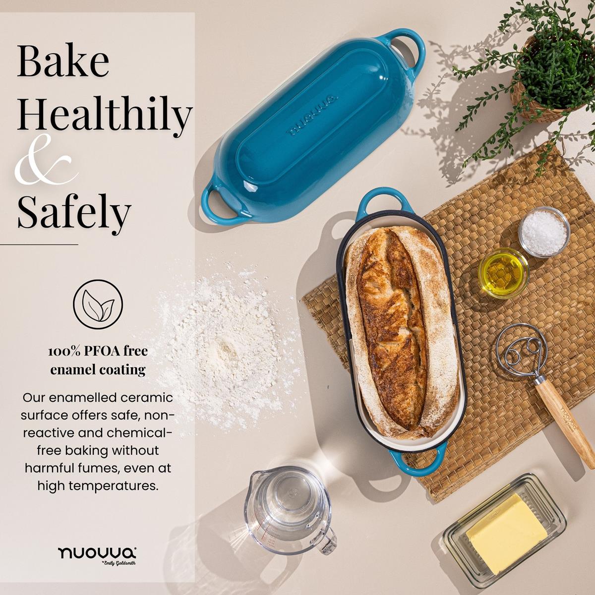 Healthy baking with cast iron bread pan with 100% PFOA free enamel coating and ceramic surface