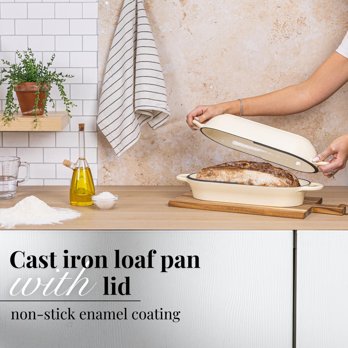 Nuovva cast iron loaf pan with lid and non-stick enamel coating for easy home bread baking. 