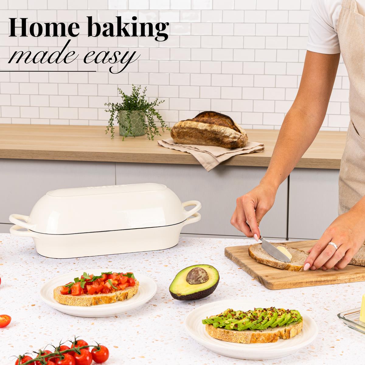 Home baking made easy with Nuovva cast iron bread loaf pan with lid. 