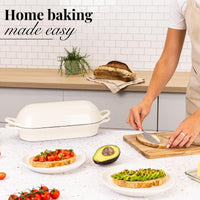 Home baking made easy with Nuovva cast iron bread loaf pan with lid. 