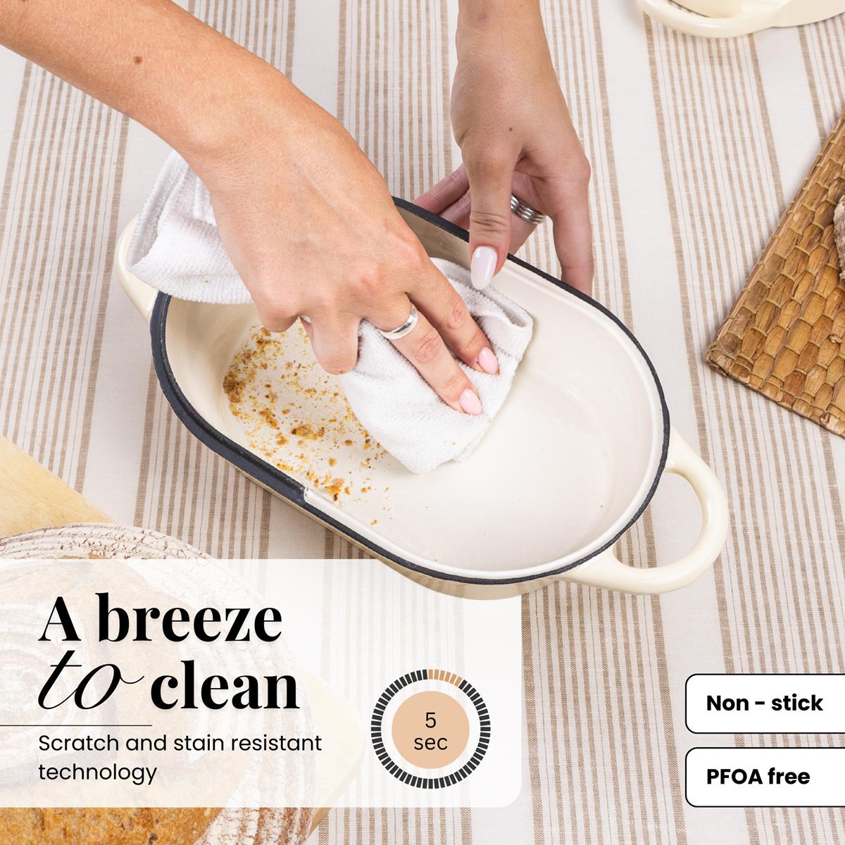 Cream cast iron bread loaf pan is a breeze to clean with scratch and stain resistant technology. 