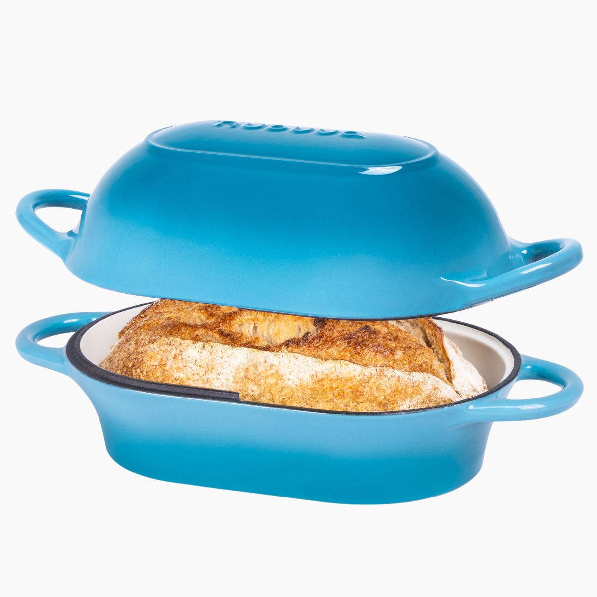 Light blue cast iron bread loaf pan with lid and handles for easy access