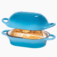 Light blue cast iron bread loaf pan with lid and handles for easy access