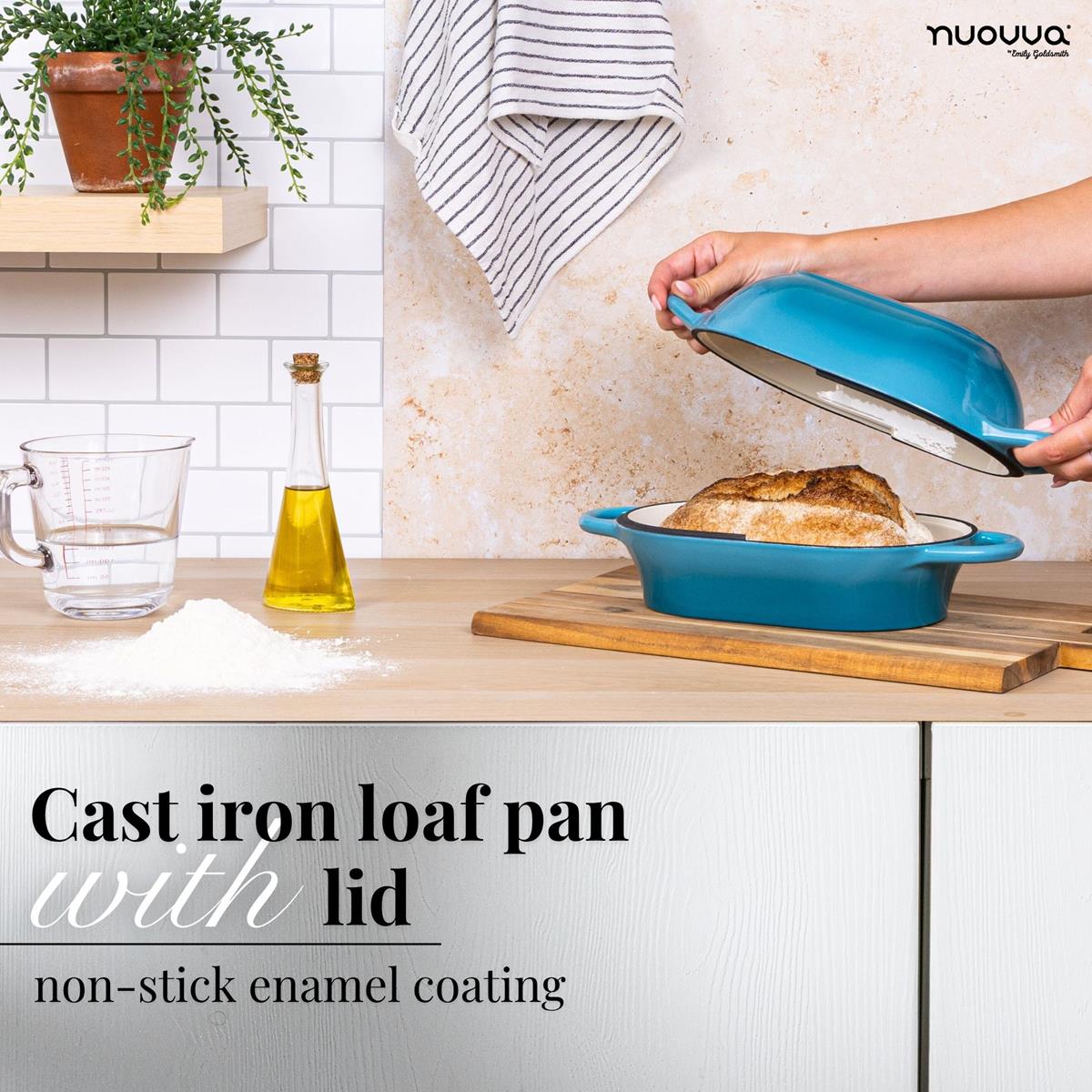 Cast iron loaf pan with lid and non-stick enamel coating for bread baking at home. 