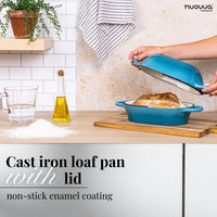 Cast iron loaf pan with lid and non-stick enamel coating for bread baking at home. 