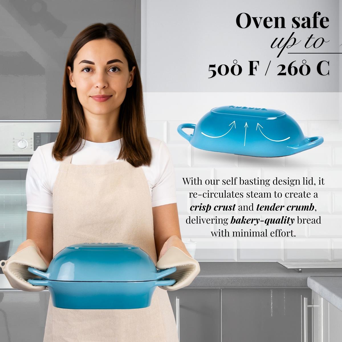 Nuovva cast iron oven-safe bread loaf pan with self basting lid for crisp crust bakery bread 