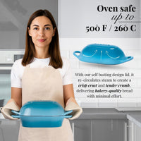 Nuovva cast iron oven-safe bread loaf pan with self basting lid for crisp crust bakery bread 