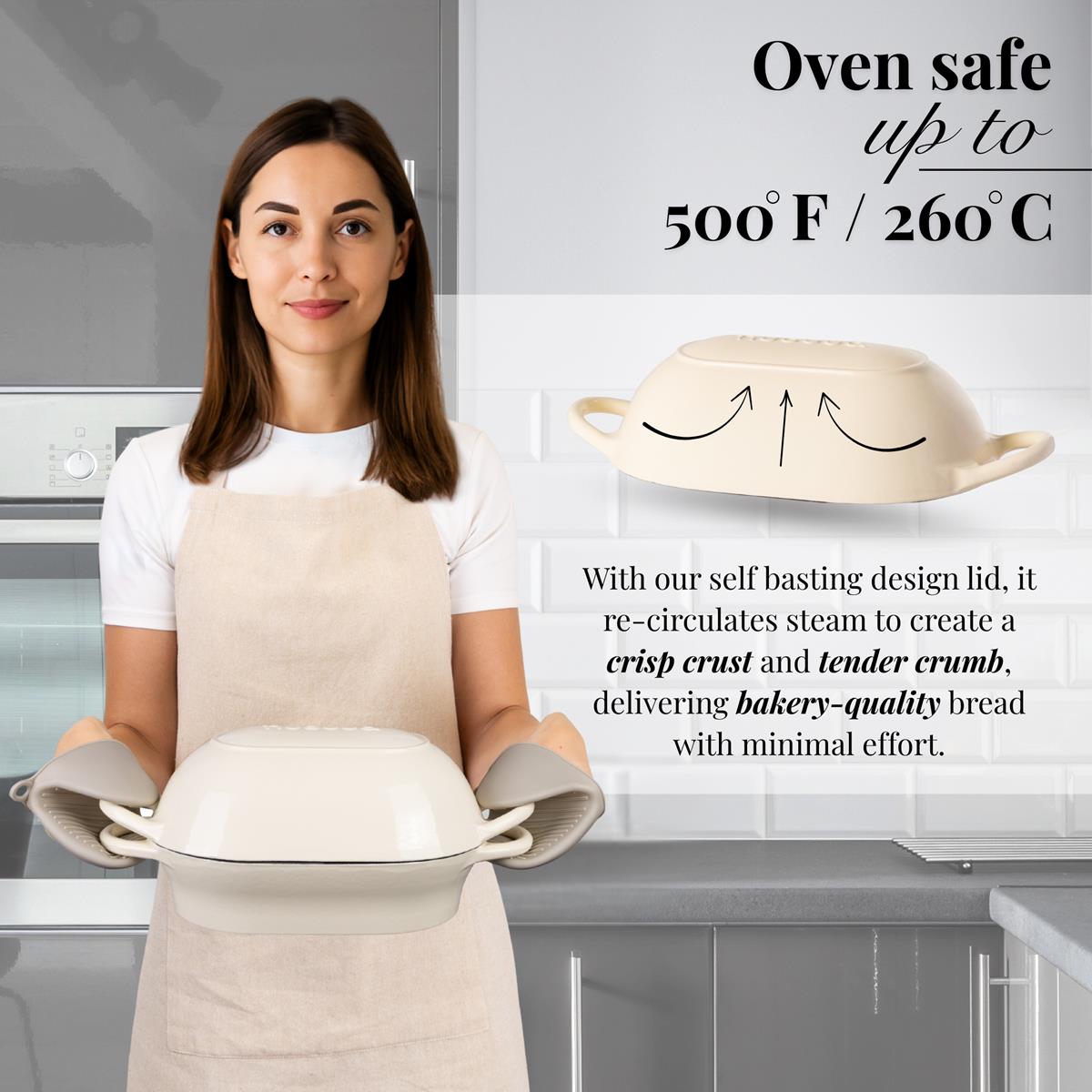 Oven safe cast iron loaf pan with self-basting lid for crisp crusts and tender crumb bakery style bread at home. 