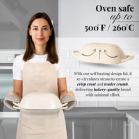 Oven safe cast iron loaf pan with self-basting lid for crisp crusts and tender crumb bakery style bread at home. 