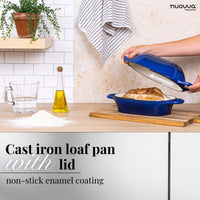 Nuovva cast iron loaf pan with lid, non-stick enamel coating for healthy cooking and baking  