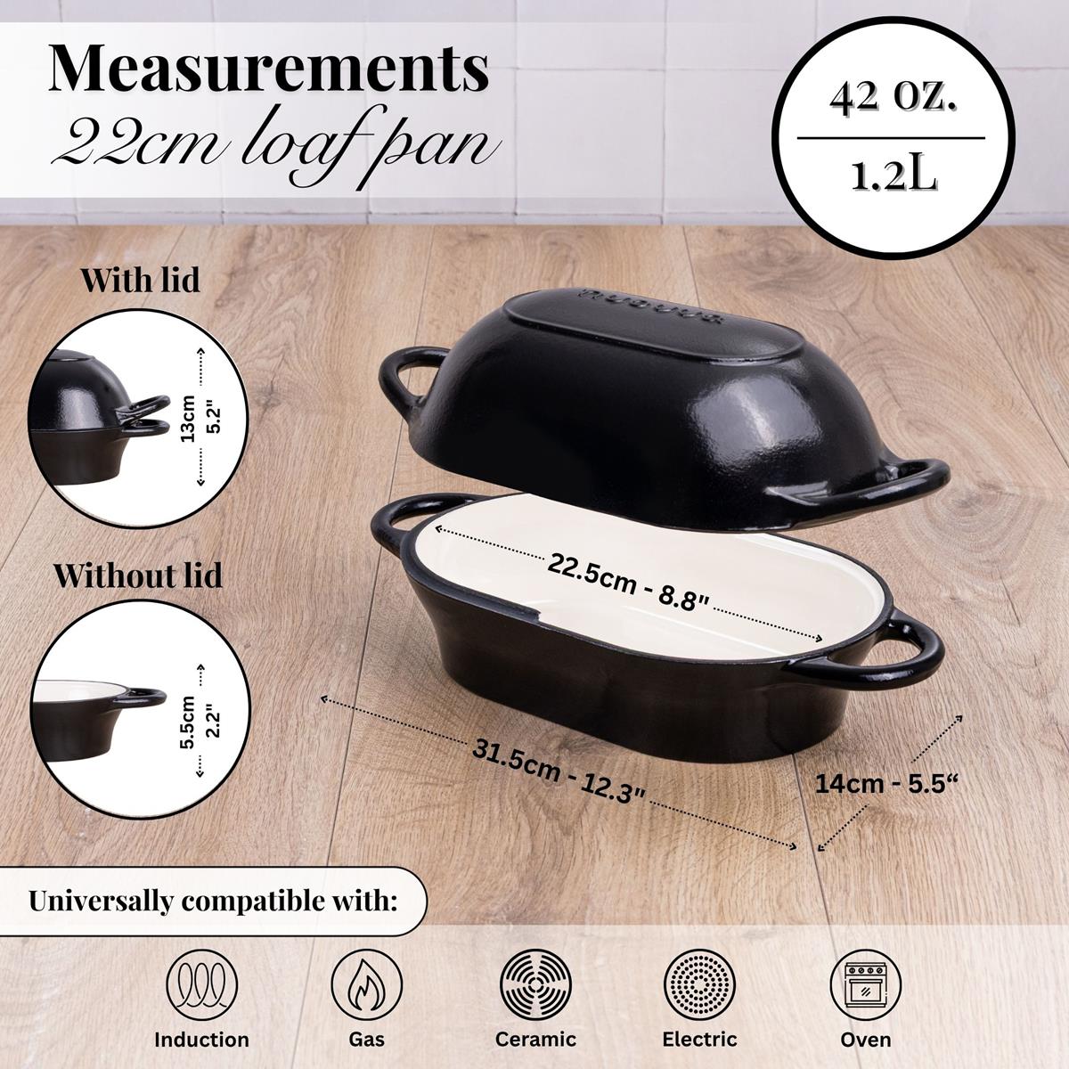 Black cast iron bread loaf pan - 22cm loaf pan with lid, induction cookware for all stovetops. 