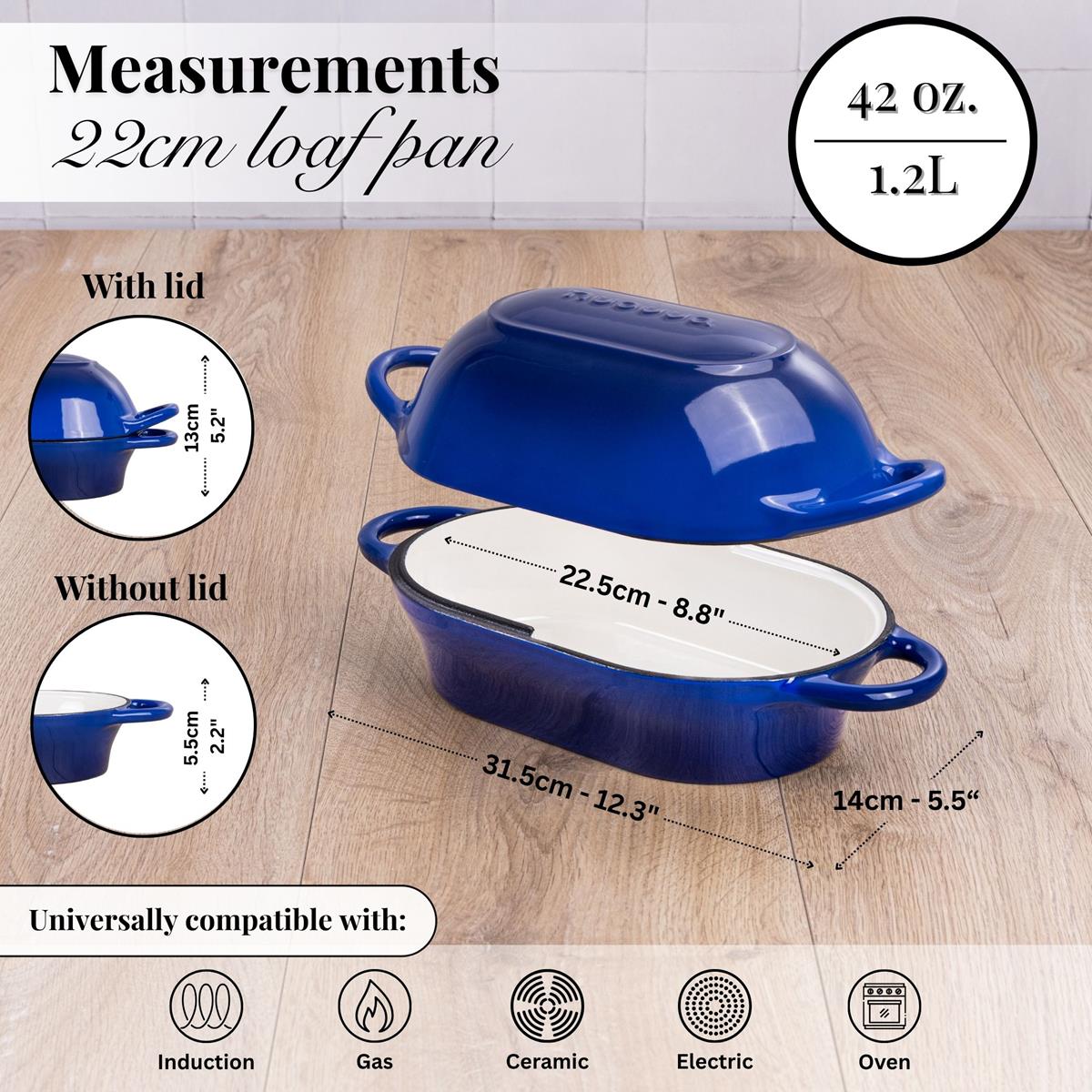 22cm loaf pan with lid, cast iron cookware induction compatible for all stovetops 