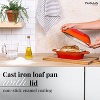 Non-stick enamel coating cast iron loaf pan with lid for home baked goods. 
