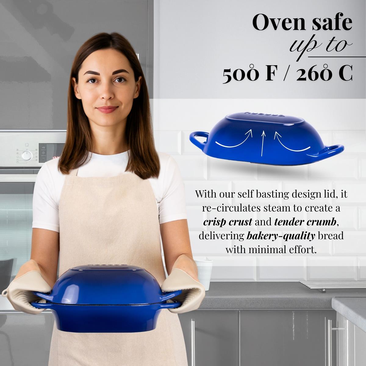 Nuovva oven-safe cast iron cookware with self basting lid for bakery style bread. 