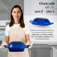 Nuovva oven-safe cast iron cookware with self basting lid for bakery style bread. 