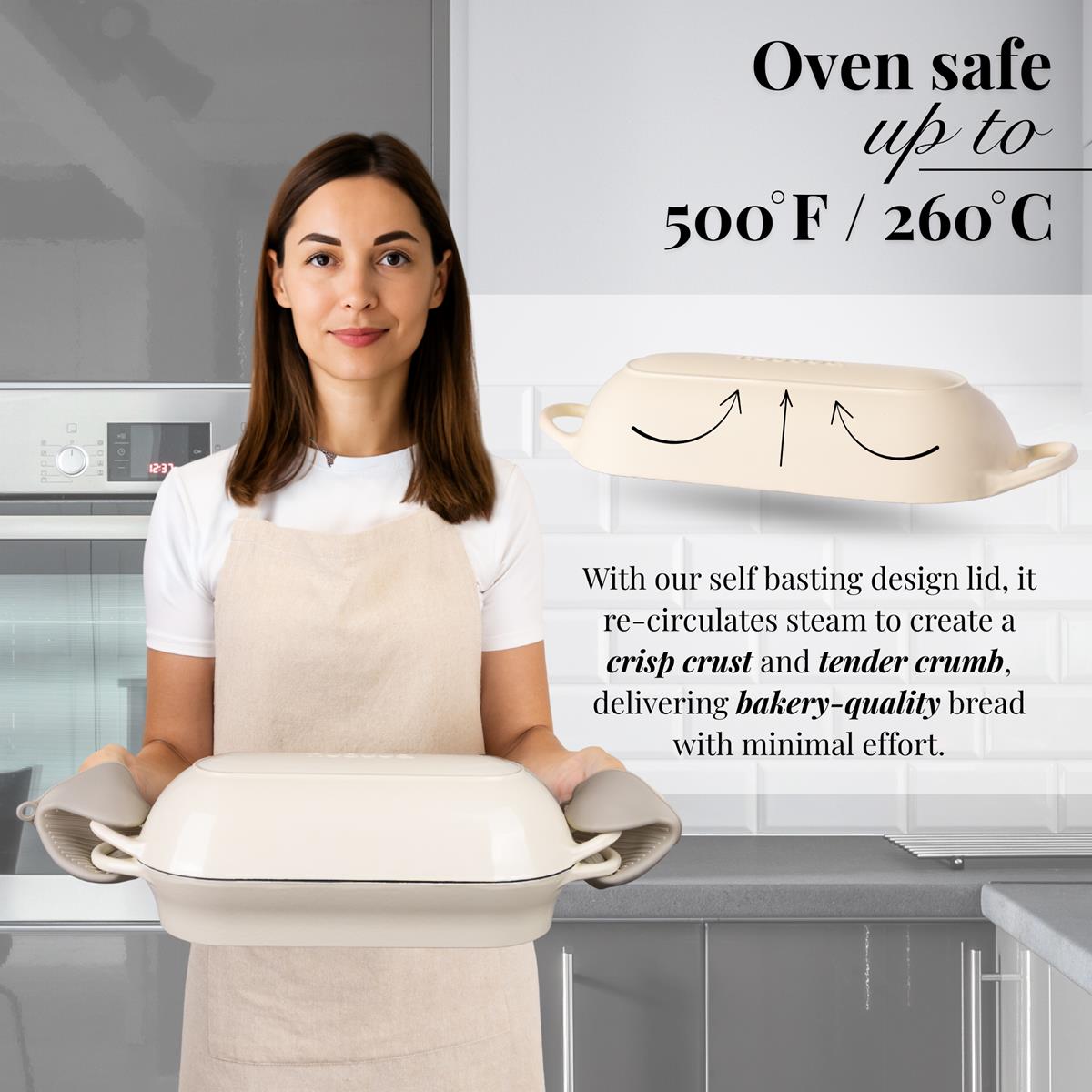 Oven safe cast iron bread loaf pan with self basting design for bakery style bread at home. 