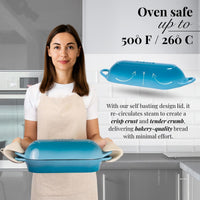 Oven-safe Dutch oven, cast iron bread loaf with self basting lid for crisp crust and tender crust bakery-quality bread. 