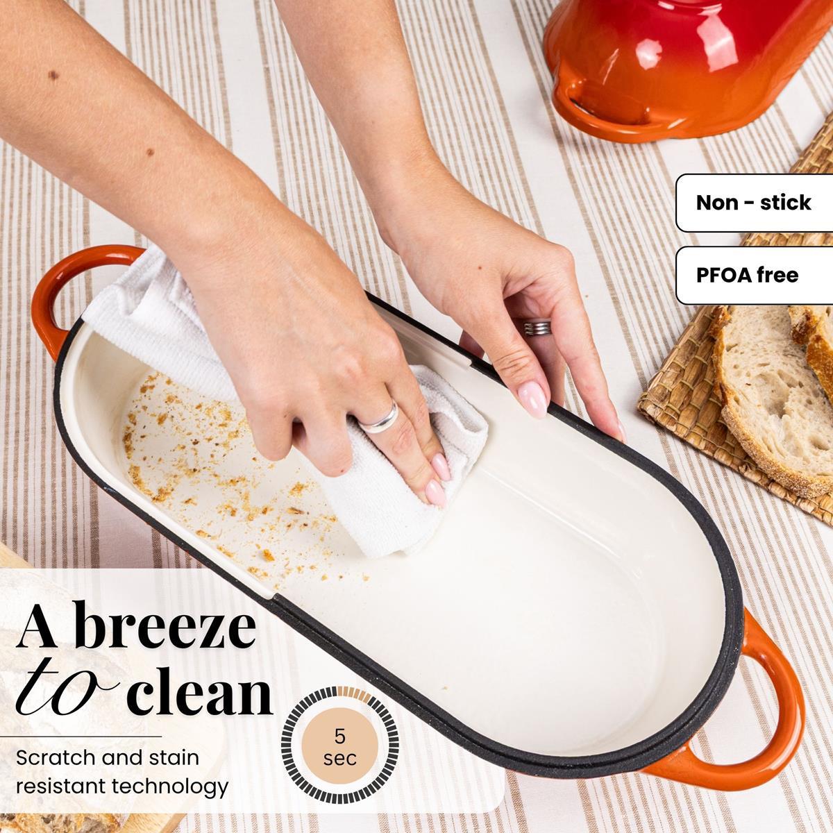 Non-stick cast iron loaf pan is easy to clean cookware with scratch and stain resistant technology. 