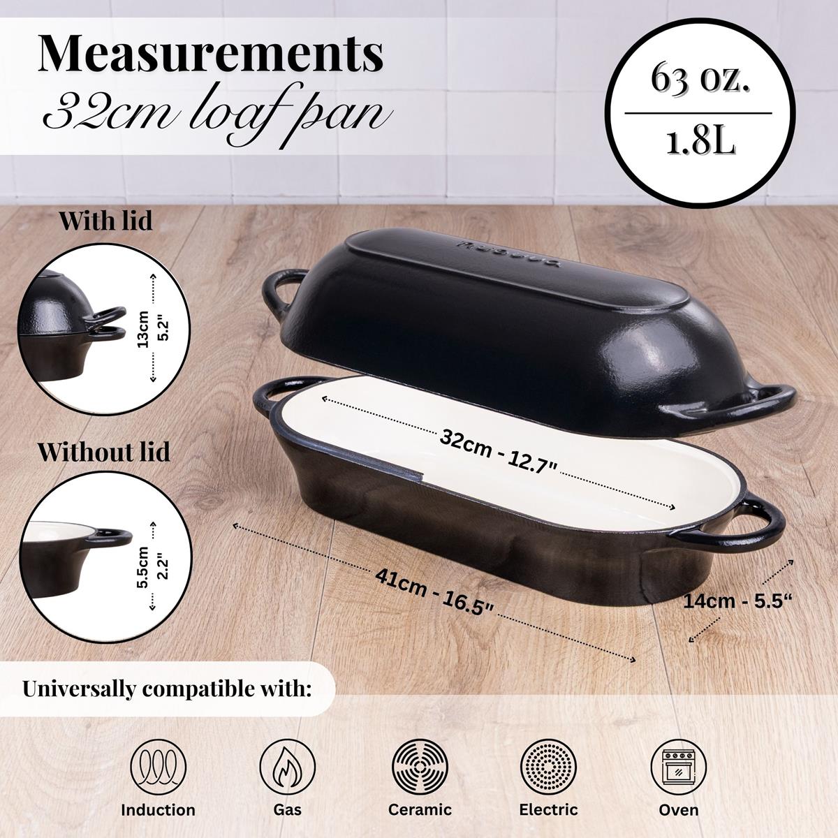 32cm black cast iron loaf pan with lid, Induction Dutch oven for all stove types. 